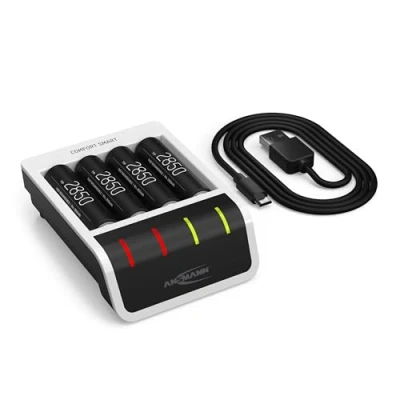 Abbildung von ANSMANN Comfort Plus Ladegerät für AA/AAA/9V Akkus Intelligente &#039;Perfect 7&#039; Ladetechnologie, Mikrogesteuert, LED Anzeige