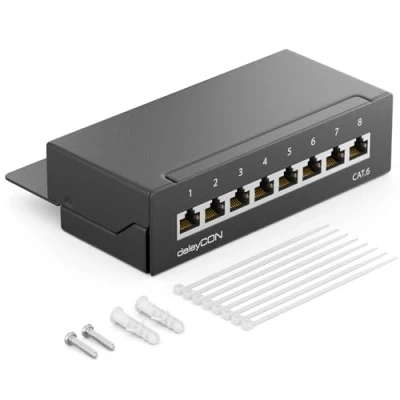 Abbildung von deleyCON CAT6 Patchpanel 8 Port Netzwerk Verteilerfeld geschirmt LSA Patch Panel