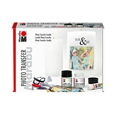 Abbildung von Marabu 1141000000002 Photo Transfer Candle Set, zum Übertragen von Papierausdrucken auf Kerzen, 50 ml Medium, Lack, Pinsel, Rakel und 25 Liner silber