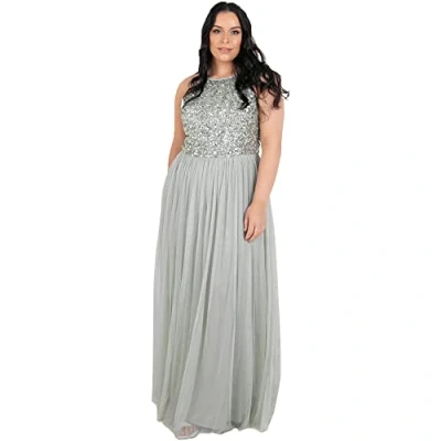 Abbildung von Maya Deluxe Damen Navy Embellished Halter Neck Maxi Bridesmaid Dress, Green Lily, 48 EU (Herstellergröße: 20)