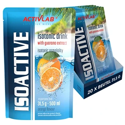 Abbildung von Activlab Isoactive Isotonic Drink mit Guarana Elektrolyte B Vitamine 20 x 31,5 g Orange 500 ml eines Sportgetränks praktischer Beutel 3x laborgeprüft