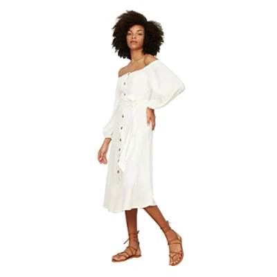 Abbildung von TRENDYOL Damen With a Belt Button Dress, Ecru, 32 EU