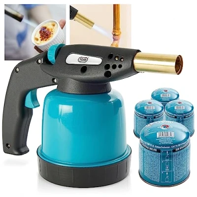 Abbildung von TOM Gas Lötbrenner im Set inkl. 4 x 190 g Universal Gaskartuschen 1300C Lötlampe zum Weich oder Hartlöten Piezozündung Bunsenbrenner Gasbrenner (Lötbrenner mit Gaskartuschen)