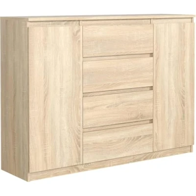 Abbildung von meble masztalerz Kommode Eiche Sonoma Matt mit 4 Schubladen und 2 Türen 140 cm, Sideboard Wohnzimmer, Schlafzimmer H: 101,5 B: 138,6 T: 39 cm Schubladen, Schubladenschrank