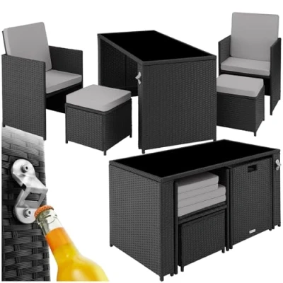 Abbildung von tectake Poly Rattan Sitzgruppe, 5 teiliges Lounge Gartenmöbel Set mit Tisch, Sessel &amp; Hocker, Essgruppe für bis zu 4 Personen, Garten und Balkon Möbel inkl. Polster schwarz/grau
