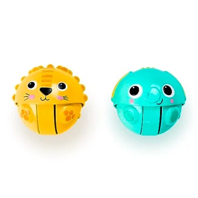 Abbildung von Bright Starts Giggables Rollen &amp; Fangen Kumpel Krabbelspielzeug, Lwe Elefant, Unisex, Baby bis Kleinkind, 2er Pack