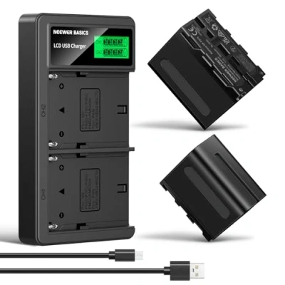 Abbildung von NEEWER Basics 2 Stück NP F970 7800mAh Ersatzakku Dual USB Schnellladegerät Kompatibel mit Sony F960 F950 F770 F750 F570 F550 FX3 FX30 A7 Canon R5 Nikon Z8 Kamera Handycam LED Licht Monito