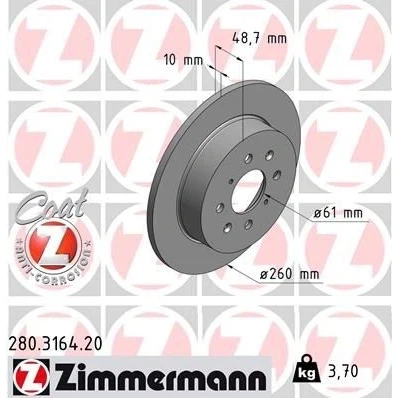 Abbildung von ZIMMERMANN COAT Z 280.3164.20 Bremsscheibe 260 10 8/4 4 100 voll beschichtet HONDA: Civic 7 Hatchback, 6 Fastback, Limousine