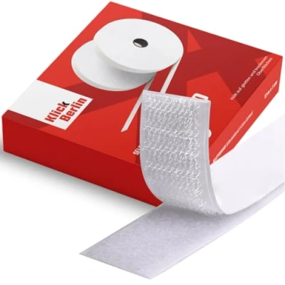 Abbildung von Klick Berlin Klettband selbstklebend Extra Schmal 1 cm x 8 m Klett Klebeband klebt auf vielen Flächen Klettverschluss 10 mm breit, Meter lang Weiß
