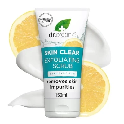 Abbildung von Dr Organic Skin Clear Peeling, Reinigend, Gegen Akne &amp; Klare Haut, Salizylsäure, Ölige, Problematische Natürlich, Vegan, Tierversuchsfrei, Paraben SLS frei, Zertifiziert Bio, 150ml