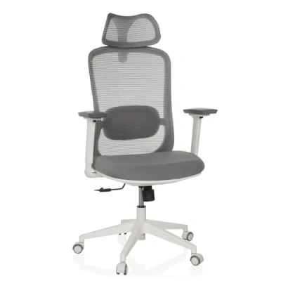 Abbildung von hjh OFFICE Ergonomischer Bürostuhl MIKEO G Drehstuhl mit Lordosenstütze, Netzrücken, Kopfstütze höhenverstellbar, gepolsterter Sitz, Grau