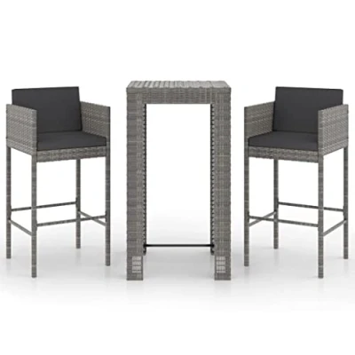Abbildung von vidaXL Gartenbar Set 3 TLG. mit Kissen Theke Bar Tresen Gartentheke Bartisch Stehtisch Barhocker Barstuhl Gartenmöbel Poly Rattan Grau