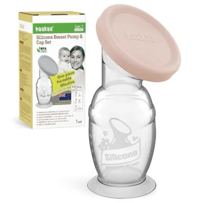 Abbildung von haakaa Silikon Manuelle Milchpumpe Muttermilchauffänger mit Silikondeckel und Saugfuß, 4oz/100 ML, Rosa