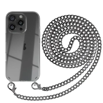 Abbildung von EAZY CASE Handykette kompatibel mit iPhone 16 Pro Handyhülle Umhängeband, Handykordel Schutzhülle, Silikonhülle, Hülle Band, Stylische Kette für Smartphone, Metall Anthrazit
