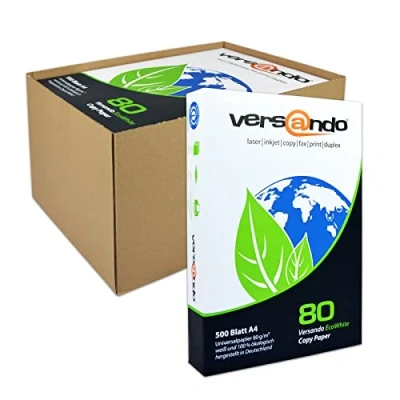 Abbildung von versando 1.500 Blatt Recyclingpapier DIN A4 EcoWhite 80g Druckerpapier hohe Weiße ISO 90 Blauer Engel zertifiziert Umweltpapier in der Saferbox