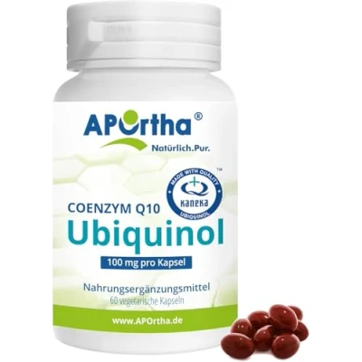 Abbildung von APOrtha Kaneka Ubiquinol Coenzym Q10 100 mg 60 vegetarische Kapseln, CoQ10 Kapseln hochdosiert 100mg, Hohe Bioverfügbarkeit durch bioaktives Ubiquinol, 2 fach Patentierter Rohstoff