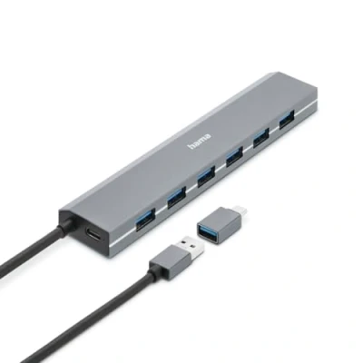 Abbildung von Hama USB Hub mit Netzteil und Adapter, 7 Ports C A Stecker Adapter Typ A, C, 100 cm
