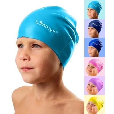 Abbildung von Limmys Premium Badekappe Kinder, badehaube Kinder Langes und kurzes Haar Schwimmkappe für Mädchen Jungen Hochwertige Qualität, Dehnbare &amp; Bequeme (S, Hellblau)