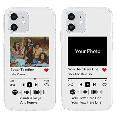 Abbildung von Benutzerdefinierte weiche Handyhülle für iPhone 12/12 Pro mit Spotify Code, personalisierte Musik Telefonabdeckung Ihrem Foto und Texten, durchsichtige TPU Schutzhülle