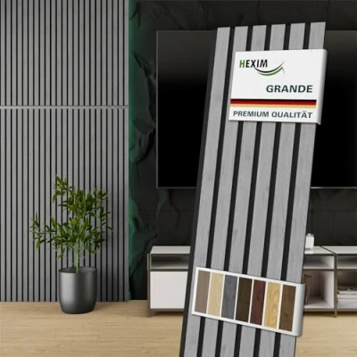 Abbildung von HEXIM Akustikpaneele Holz 140x30cm Grande 4er Set (1,681m²) Holzpaneele Wandpaneele 21mm Schalldämmung MDF Akustikfilz Wandverkleidung Grau Grey Oak