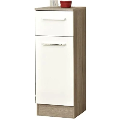 Abbildung von Pelipal Badezimmerschrank Quickset 380 in Weiß Glanz/Sanremo Eiche Terra, 30 cm breit Unterschrank mit 1 Tür, Schubkasten und Einlegeboden