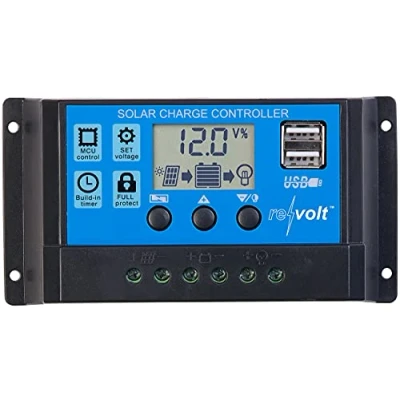 Abbildung von revolt Solar Charge Controller: Laderegler für 12/24 V Akkus, PWM Lademodus, 2 USB Ports, 30 A (Solar Batterie, mit Displays, Ladekabel iPhone)