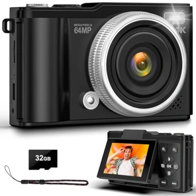 Abbildung von 4K 64MP Digitalkamera mit 32 GB TF Karte, 180 Drehbildschirm Autofokus Kamera Fotoapparat Makrofunktion und 16 fachem Digitalzoom Kompaktkamera USB Kabel für Teenager Junge Mädchen 8 Jahre