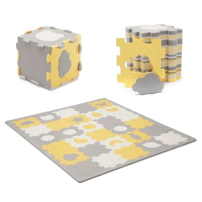 Abbildung von Kinderkraft LUNO SHAPES Spielmatte, Puzzlematte 185 x 165 cm, Spieldecke ab Geburt, Wasserfest, 30 Puzzles, Transporttasche im set, 3D Formen, Schutz vor Bodenkälte, Gelb