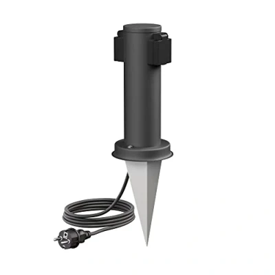 Abbildung von ledscom.de Garten Steckdosen Säule PORU mit Erdspieß und 2m Kabel für außen, 2 Fach, Edelstahl, anthrazit, rund, 27cm