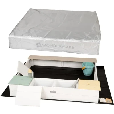 Abbildung von WONDERMAKE Sandkasten mit Abdeckung, 2x Matschküche, Boden Vlies, Sandkiste Holz Deckel bunt, Design Bank quadratisch verschließbar Outdoor Garten schwarz bunt