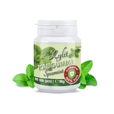 Abbildung von Xylitquelle Zahnpflegekaugummi SPEARMINT 80 Stk 100% Xylit für angenehmen Atem zuckerfrei, vegan, ohne Aspartam Kaugummis (1er Pack)