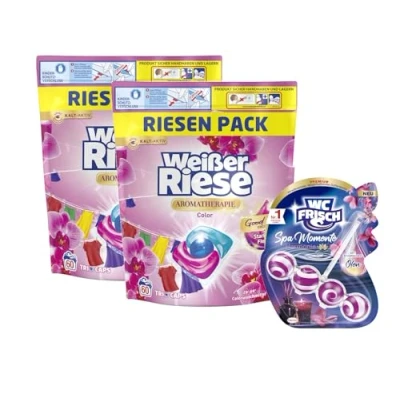 Abbildung von Weißer Riese Aromatherapie Color Trio Caps 2 x 60 WL &amp; WC FRISCH Spa Momente 50g Colorwaschmittel (Spar Pack, [120 St. Waschkapseln Toilettenstein für Frische Sauberkeit)