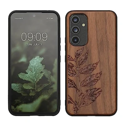 Abbildung von kwmobile Hülle kompatibel mit Samsung Galaxy A54 5G Holz Case Handy Cover TPU Handyhülle in Dunkelbraun Blätterzweig
