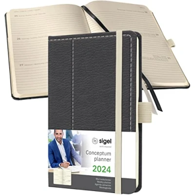 Abbildung von SIGEL C2458 Terminplaner Wochenkalender 2024, Lederoptik, ca. A6, dunkelgrau/weiß, Hardcover, 176 Seiten, Gummiband, Stiftschlaufe, Archivtasche, PEFC zertifiziert, Conceptum
