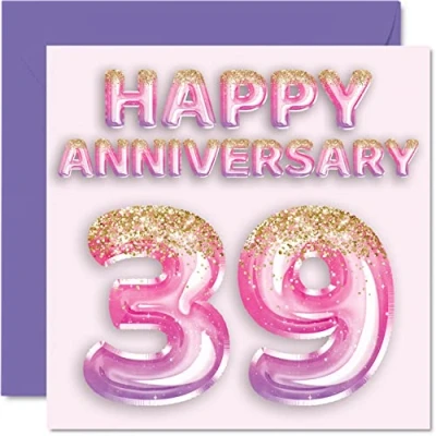 Abbildung von Stuff4 Hübsche Karte zum 39. Jahrestag für Ehefrau, Freundin, Ehemann, Freund, rosa lila Glitzer Luftballons Happy 39 Jahrestagskarten aus der Familie, 145 mm x Grußkarten Jubiläen