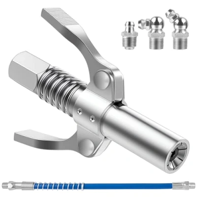 Abbildung von Fettpresse Mundstück, Doppelgriff G Coupler für mit 30cm Schlauch und 3 M6 M8 M10 Schmiernippel,Fettpresse Kupplung Schmiernippel alle Arten von Fettpressen，10000 PSI