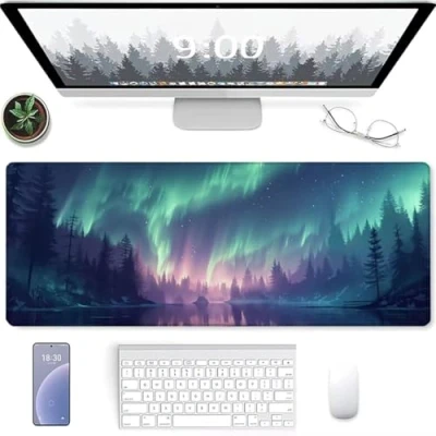 Abbildung von YALNSENN Extra Großes Gaming Mauspad, optimiert für Sensoren, mäßige Oberflächenreibung, rutschfeste Mausmatte, Mac und PC Zubehör 900 x 400 Nordlicht See