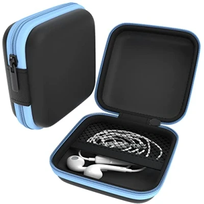 Abbildung von EAZY CASE Universal Tasche für In Ear Kopfhörer mit Netzfach Hardcase Aufbewahrungsbox, Schutztasche umlaufenden Reißverschluss, extra klein, eckig, Hellblau