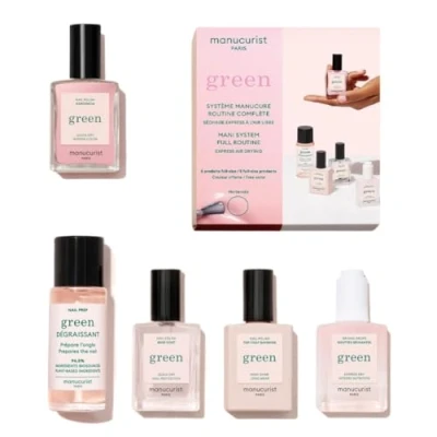 Abbildung von Manucurist Green™ System Rosa (Hortencia) Nagellack Set Nägel Selber Machen Vegan, Biobasiert: 1 Fettlöser, Base Coat und Top Coat, Rose, Trocknungstropfen Geschenk für Frauen