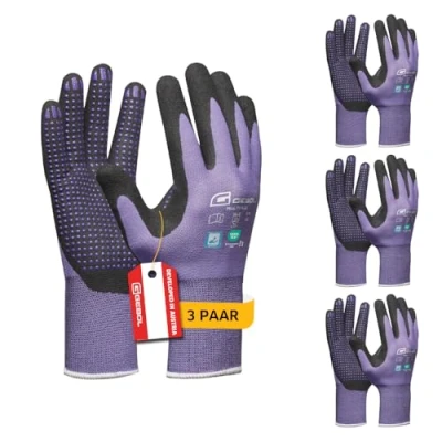Abbildung von Gebol Multi Flex Lady Arbeitshandschuhe mit Nitril Beschichtung &amp; Noppen Nitrilhandschuhe dermatologisch getestet Gartenhandschuhe Grip für Damen Größe XS (Gr 6) Lila 3 Paar