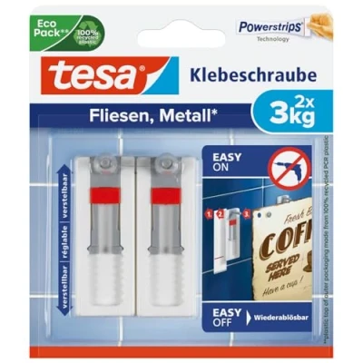 Abbildung von tesa Klebehaken Klebeschraube für Fliesen und Metall (verstellbar, 3 kg), Dekoration, Bilder, Leinwände, Lichterketten, Girlanden, (Packung, 2 St., Stück), mit max. kg Haltekraft &amp; 2er Pack