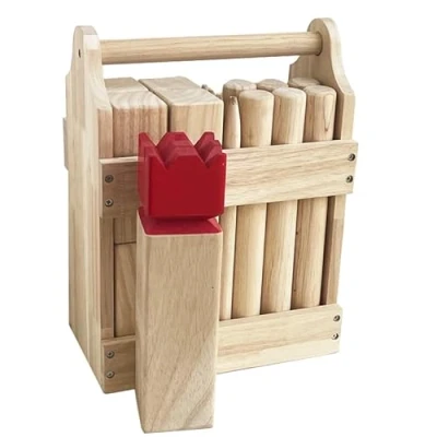 Abbildung von JacJoe All Pro Kubb Spiel im Freien Wurfspiel mit Tragetasche Kegelspiel Gummi Holz Garten Rasen Spiele (Wooden Crate, L)