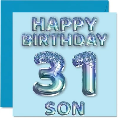 Abbildung von Stuff4 Geburtstagskarte zum 31. Geburtstag für Sohn, blaue Glitzer Party Luftballons, Happy Birthday Karten den Sohn von Mama, Papa, Eltern, 145 x mm, Geburtstagsgrußkarten, Geschenk