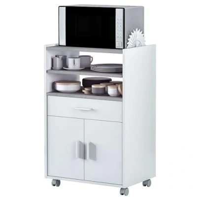 Abbildung von Zusatzschrank für Mikrowelle, Küchentisch mit Schublade und zwei Türen, Weiß Zementfarbe, Maße: 92 cm (Höhe) x 59 (Breite) 40 (Tiefe)