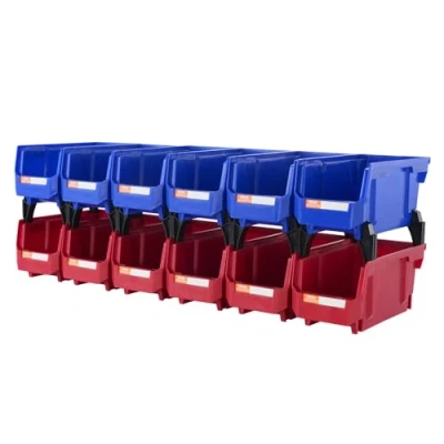 Abbildung von VEVOR Stapelboxen 12er Set Sichtlagerboxen Blau/Rot (6 Behälter pro Farbe) Sichtlagerkästen PP Lagerboxen 276x139x128mm Schüttenregal Schraubenregal Sortierboxen Werkstatt Wandregal Büro Schule Garage