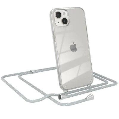 Abbildung von EAZY CASE Handy Chain kompatibel mit iPhone 14 Plus, Handykette Tasche transparent, Stoßfeste Soft Silikon TPU, Stylische Kette Hülle für Smartphone, Grau/Weiß Verschlüssen in Silber