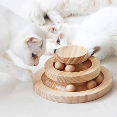 Abbildung von Tarnel Interaktives Katzenspielzeug aus Holz zweilagig drehbar Smart Track Ball Schaukelrolle Geschenke Turntable für Katzen