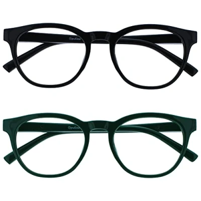 Abbildung von OPULIZE Blu Brille Blaulichtfilter 2er Pack Cool Rund Rahmen Federscharniere Verbessern Den Schlaf Computerbrille Gaming Entspiegelt Schwarz Grün Herren Damen BB5 16 +0.00