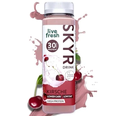 Abbildung von LiveFresh Skyr High Protein Drink Kirsche Natürliche Shake Alternative ohne Zuckerzusatz 30g Eiweiß &amp; 0,9g Fett pro Flasche 24x250ml Inkl. 6 Pfand Gekühlter Expressversand