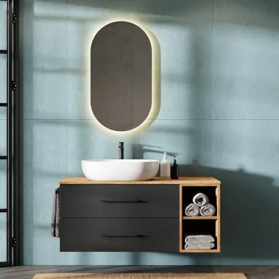 Abbildung von Planetmöbel LUX Badmöbel Set Waschbecken mit Unterschrank 120 cm, Aufsatz 60cm weiß, Spiegel 50 cm (ohne LED) Waschbeckenunterschrank Gold Eiche/Anthrazit